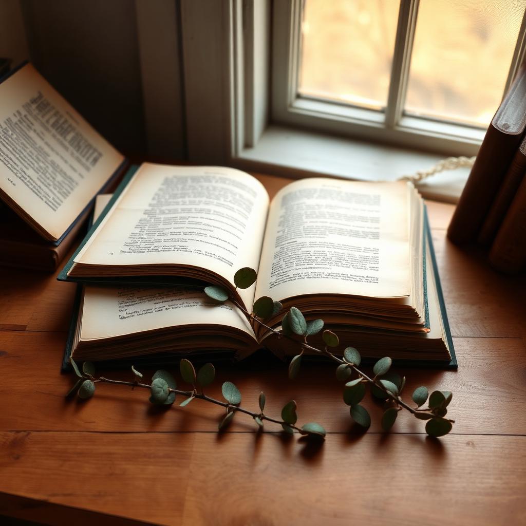 Open vintage books on a warm wooden desk