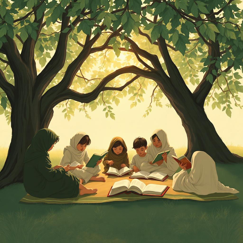 Community readers under a chinar tree